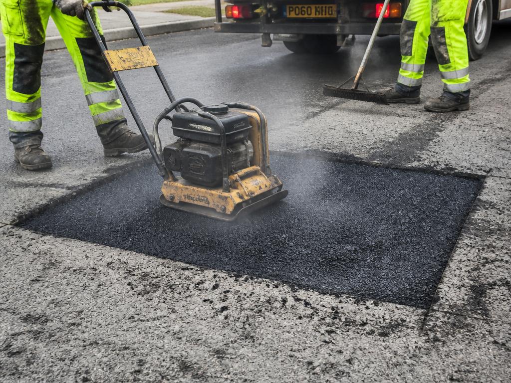 Hot asphalt patch being compacted into a saw-cut repair