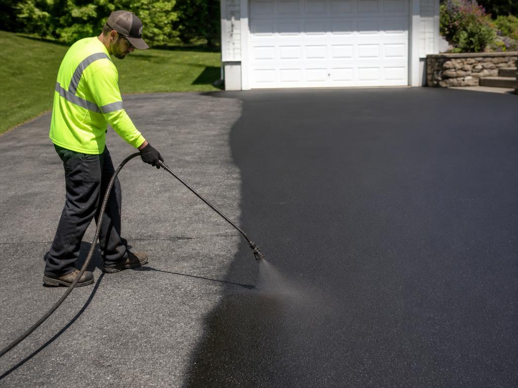 Crew member spraying fresh sealcoat over a residential asphalt driveway