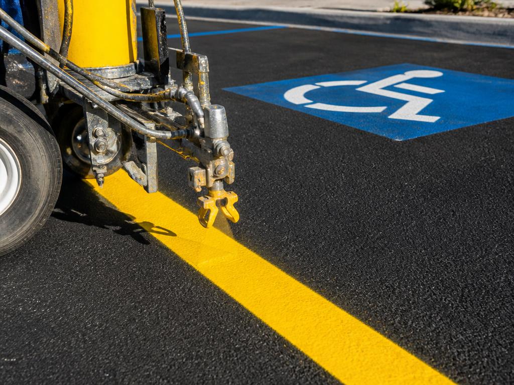 Striping machine laying a fresh yellow line beside an ADA stall